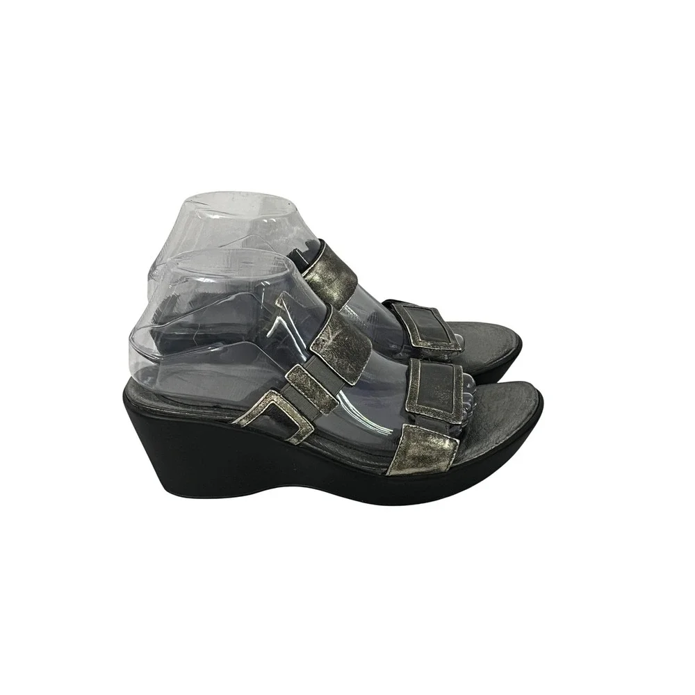 Naot Wedge Sandals Womens 40 Silver‎ Pewter Metallic Leather Buckle Slide Shoes